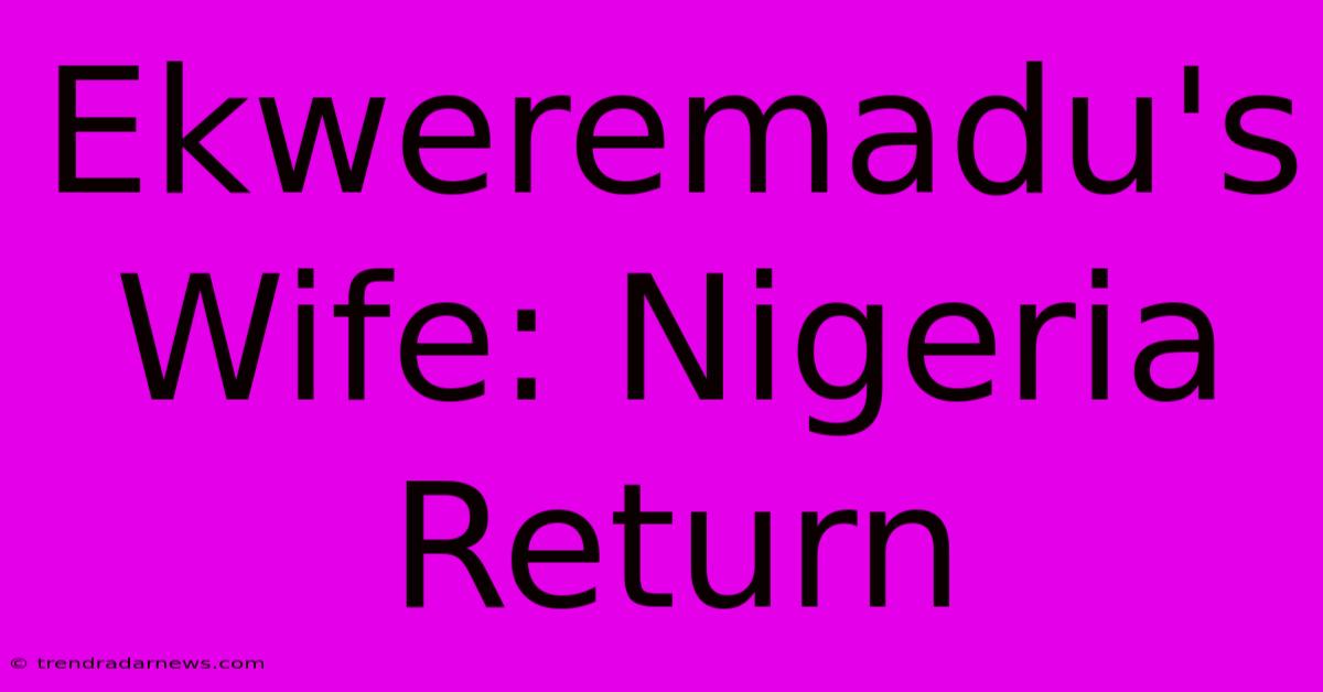 Ekweremadu's Wife: Nigeria Return